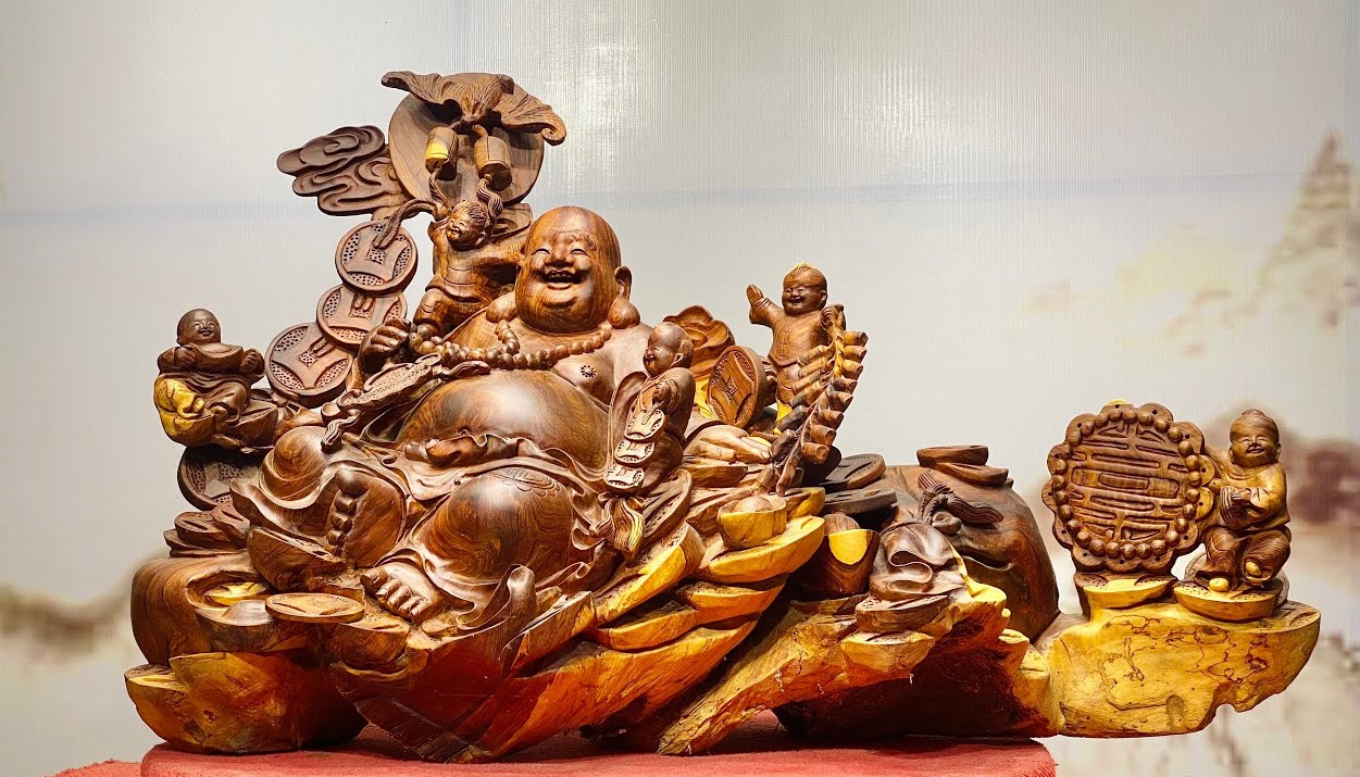 Tượng Phật Di Lặc ngũ Phúc gỗ Cẩm Lai đục tay